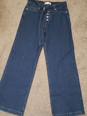 Dark Blue Wide Leg Jeans with Fabric Belt